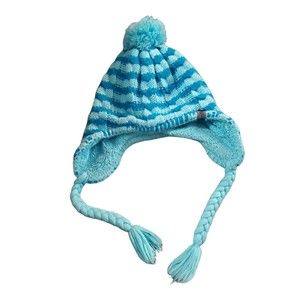 The North Face Hat Junior Kids Blue Knit Earflap Beanie Warm Pompom Lined  Y-SM